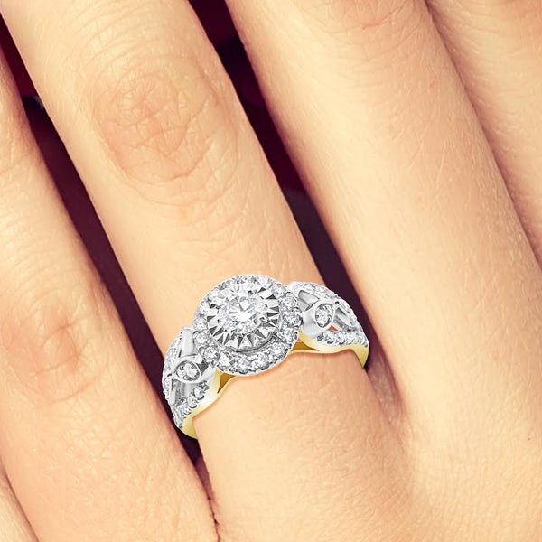 Diamond Halo Engagement Ring 1 CTW Round Cut 14K Yellow Gold