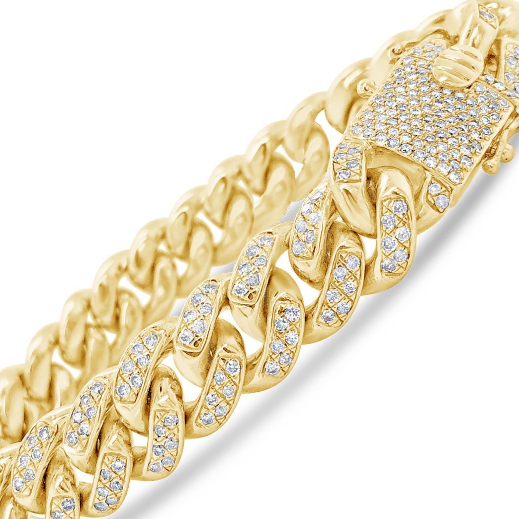 10K Solid Yellow Gold 4.15 CTW Round Cut Diamond Cuban Link Bracelet with Diamond Lock