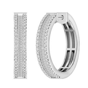 LADIES HOOPS EARRING 1 CT ROUND/BAGUETTE DIAMOND 10K WHITE GOLD