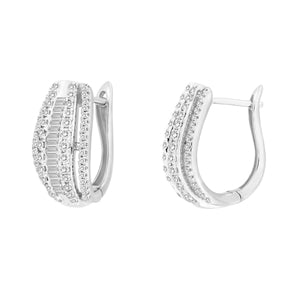 LADIES HOOP  EARRING 1 CT ROUND/BAGUETTE DIAMOND 10K WHITE GOLD
