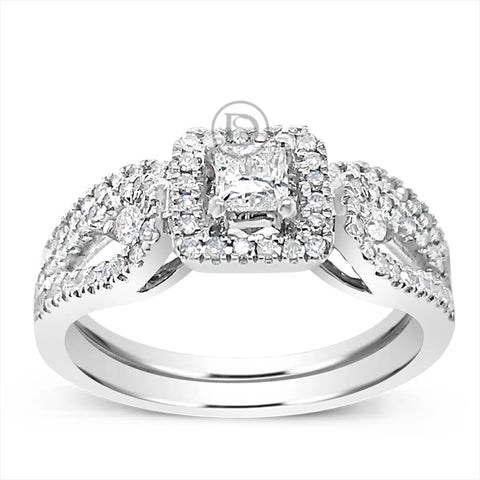 Diamond Halo Engagement Ring .50 CTW Princess Cut center w/Round Cut 14K White Gold