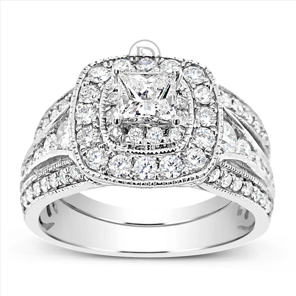 Diamond Halo Engagement Ring 1.98 CTW Princess w/ Round Cut 14K White Gold