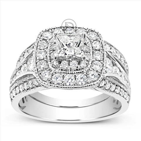 Diamond Halo Engagement Ring 1.98 CTW Princess w/ Round Cut 14K White Gold