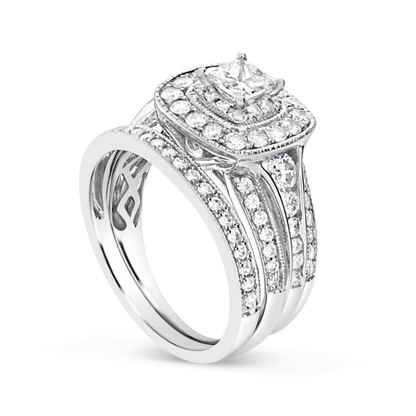 Diamond Halo Engagement Ring 1.98 CTW Princess w/ Round Cut 14K White Gold