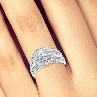 Diamond Halo Engagement Ring 1.98 CTW Princess w/ Round Cut 14K White Gold
