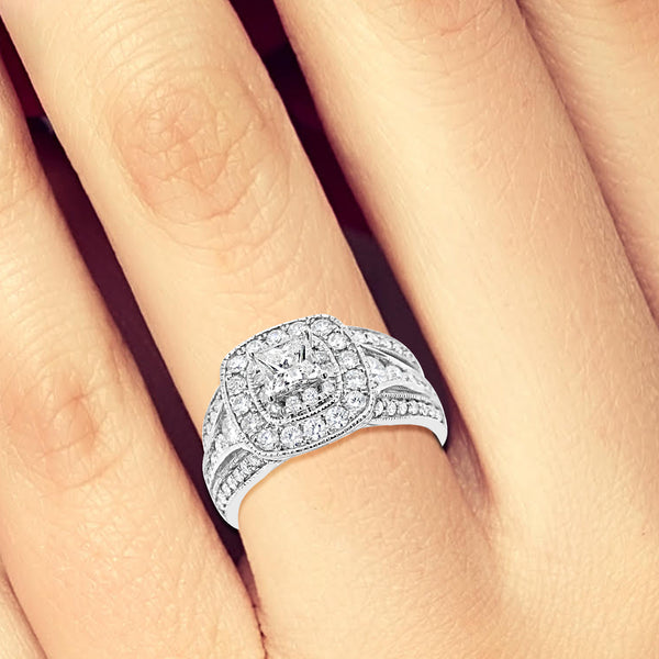 Diamond Halo Engagement Ring 1.98 CTW Princess w/ Round Cut 14K White Gold