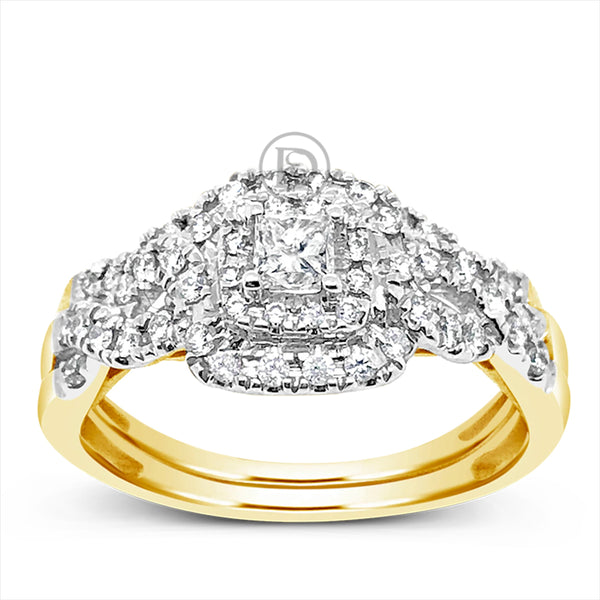 Diamond Halo Engagement Ring .50 CTW Princess w/ Round Cut 14K Yellow Gold