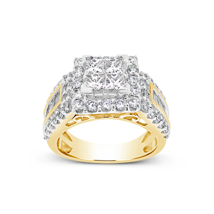 Diamond Halo Ring 2.17 CTW Princess Cut w/ Round Cut 14K Yellow Gold