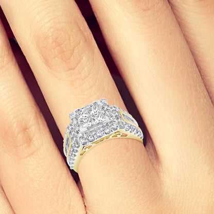 Diamond Halo Ring 2.17 CTW Princess Cut w/ Round Cut 14K Yellow Gold