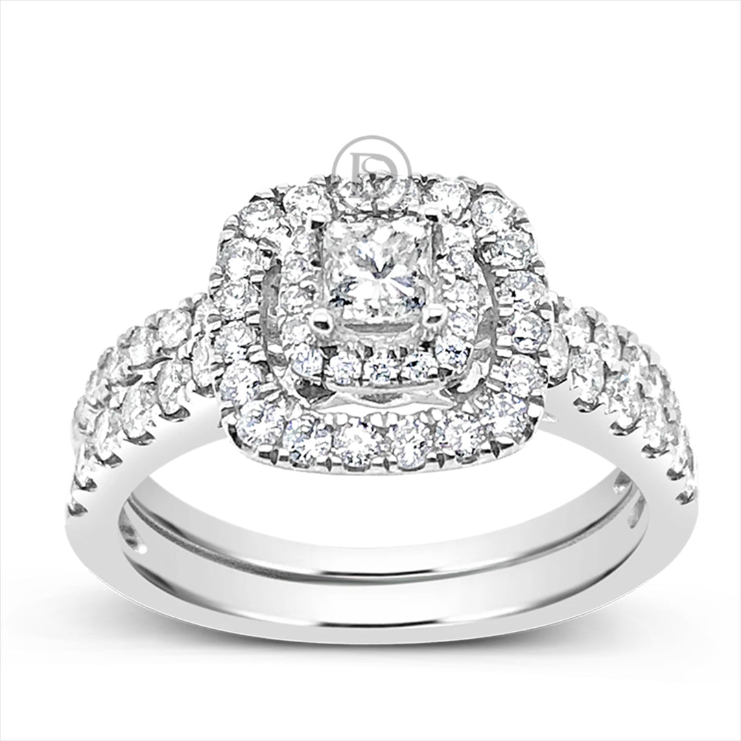 Diamond Halo Engagement Ring 1 CTW Princess w/ Round Cut 14K White Gold Bridal Set