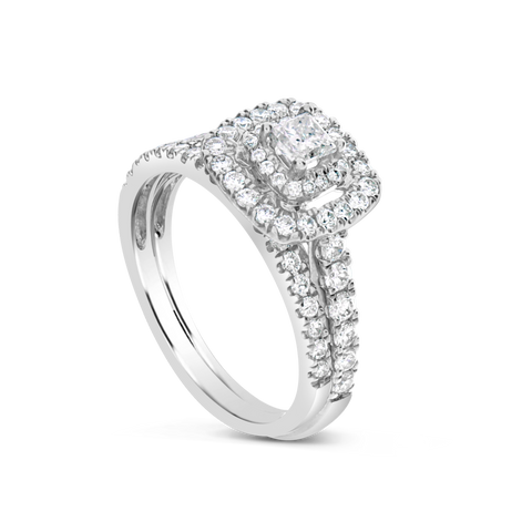 Diamond Halo Engagement Ring 1 CTW Princess w/ Round Cut 14K White Gold Bridal Set