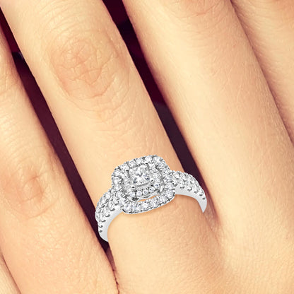 Diamond Halo Engagement Ring 1 CTW Princess w/ Round Cut 14K White Gold Bridal Set