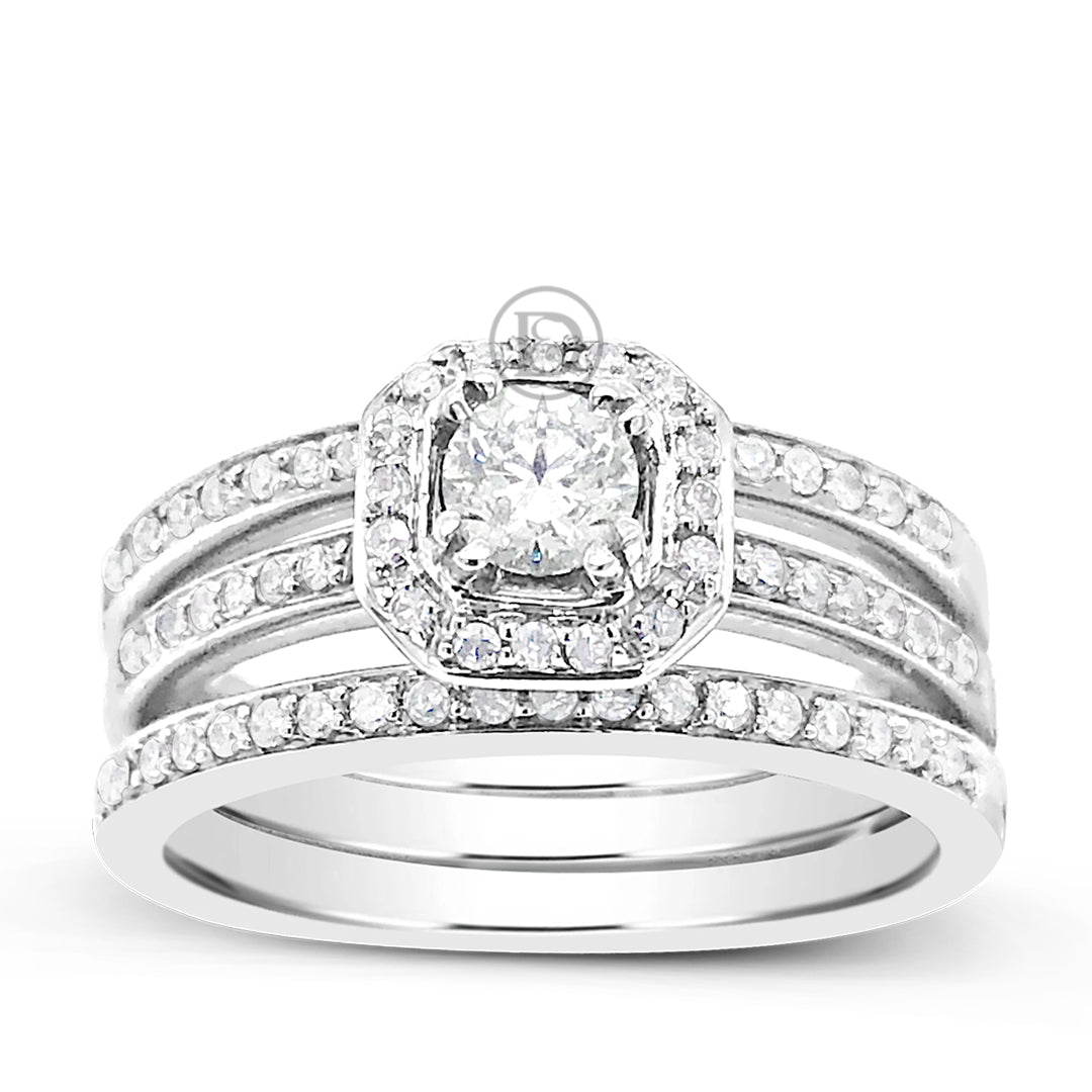 3 Band Diamond Halo Engagement Ring .62 CTW Round Cut 14K White Gold