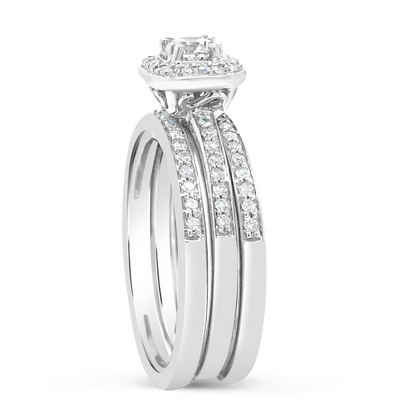 3 Band Diamond Halo Engagement Ring .62 CTW Round Cut 14K White Gold