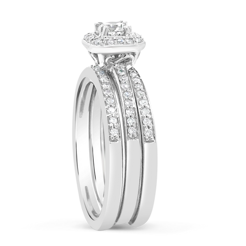 3 Band Diamond Halo Engagement Ring .62 CTW Round Cut 14K White Gold