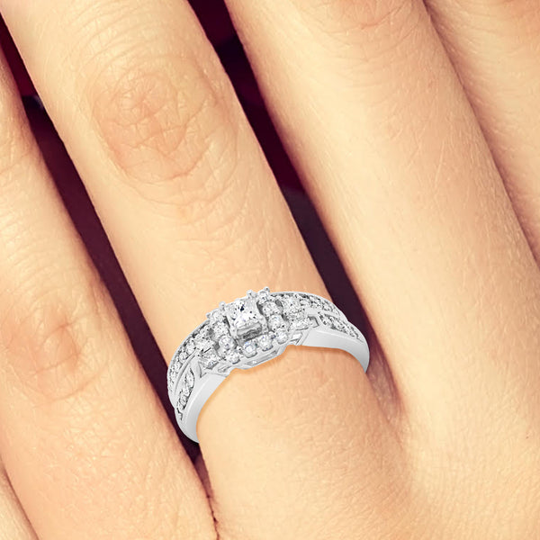 Diamond Halo Engagement Ring .70 CTW Princess cut w/ Round Cut 14K White Gold