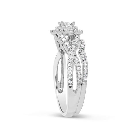 Diamond Halo Engagement Ring .75 CTW Princess & Round Cut 14K White Gold
