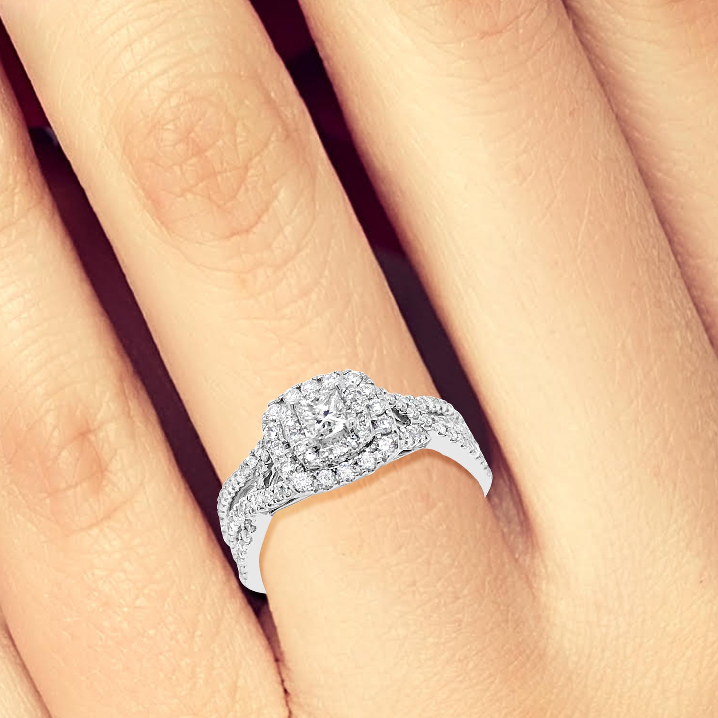 Diamond Halo Engagement Ring .75 CTW Princess & Round Cut 14K White Gold