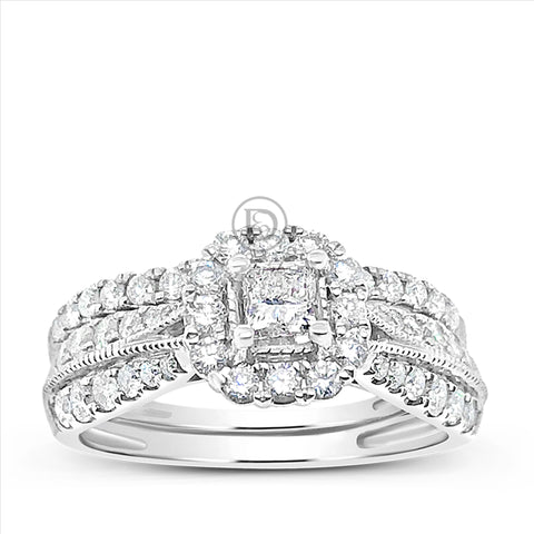 Diamond Halo Engagement Ring 1CT Princess w/ Round Cut 14K White Gold