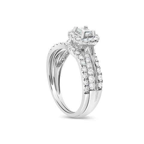 Diamond Halo Engagement Ring 1CT Princess w/ Round Cut 14K White Gold