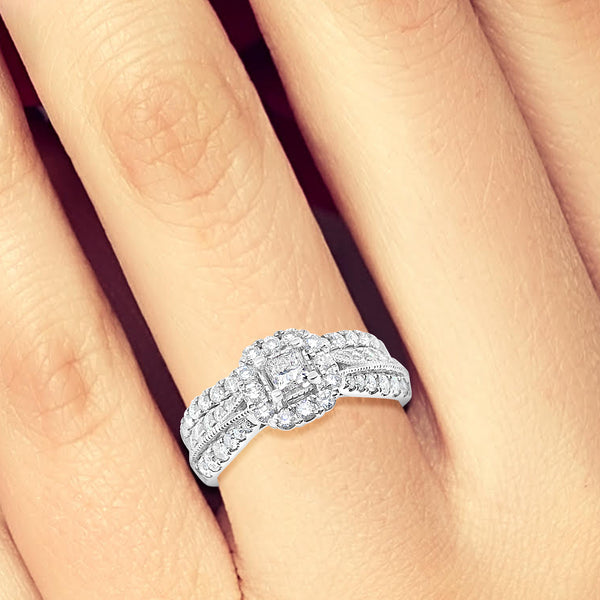 Diamond Halo Engagement Ring 1CT Princess w/ Round Cut 14K White Gold