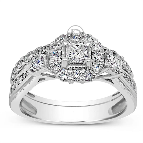 Diamond Halo Engagement Ring 1 CTW Princess Cut w/ Round Cut 14K White Gold