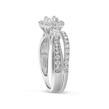 Diamond Halo Engagement Ring 1 CTW Princess Cut w/ Round Cut 14K White Gold