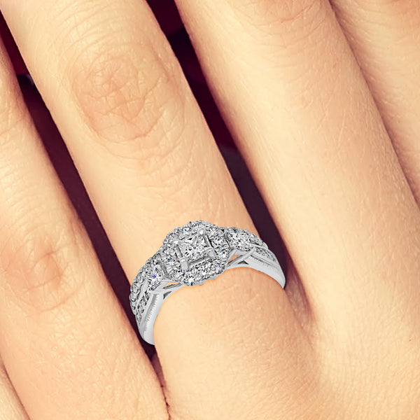 Diamond Halo Engagement Ring 1 CTW Princess Cut w/ Round Cut 14K White Gold