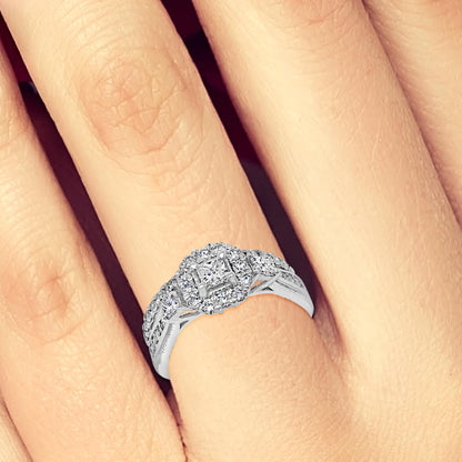 Diamond Halo Engagement Ring 1 CTW Princess Cut w/ Round Cut 14K White Gold