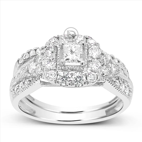 Diamond Halo Engagement Ring 1 CTW Princess Cut w/ Round Cut 14K White Gold