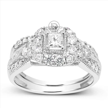 Diamond Halo Engagement Ring 1 CTW Princess Cut w/ Round Cut 14K White Gold