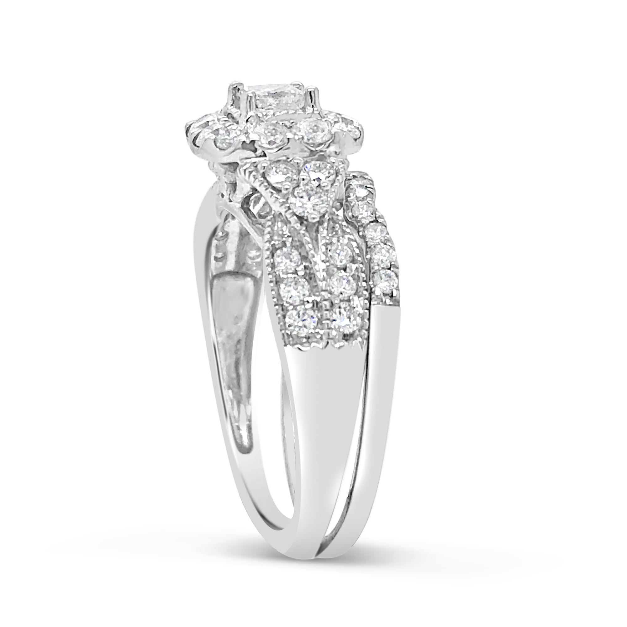 Diamond Halo Engagement Ring 1 CTW Princess Cut w/ Round Cut 14K White Gold