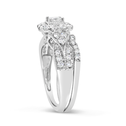 Diamond Halo Engagement Ring 1 CTW Princess Cut w/ Round Cut 14K White Gold