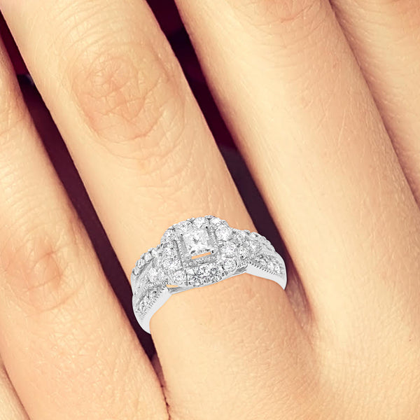 Diamond Halo Engagement Ring 1 CTW Princess Cut w/ Round Cut 14K White Gold