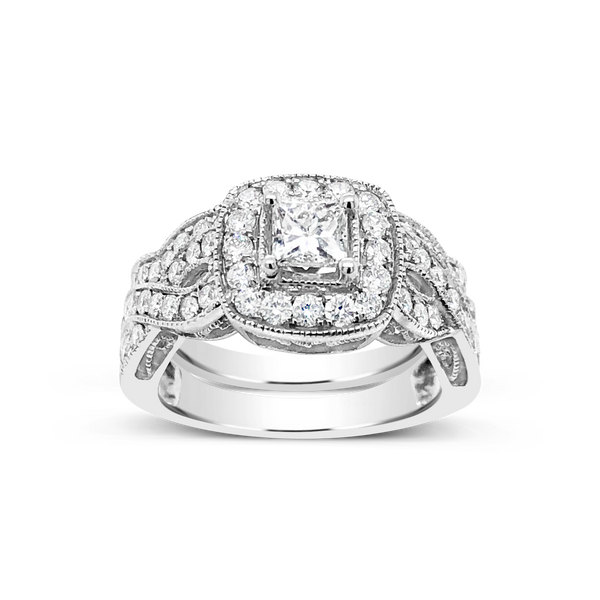 Diamond Halo Engagement Ring 1.52 CTW Princess w/ Round Cut 14K White Gold