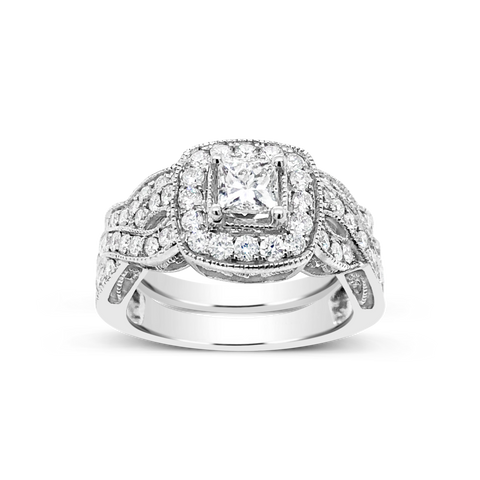 Diamond Halo Engagement Ring 1.52 CTW Princess w/ Round Cut 14K White Gold
