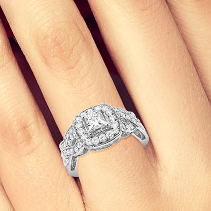 Diamond Halo Engagement Ring 1.52 CTW Princess w/ Round Cut 14K White Gold