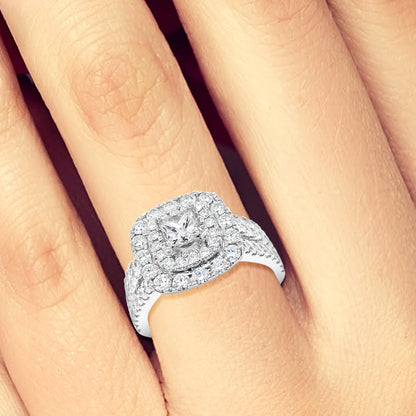 Diamond Halo Engagement Ring 2.04 CTW Princess Center w/ Round Cut 14K White Gold