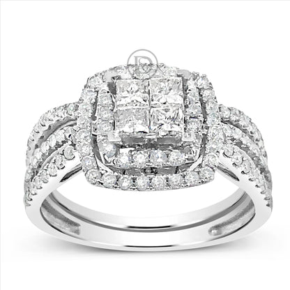 Diamond Halo Engagement Ring 1 CTW Princess Cut w/ Round Cut 14K White Gold