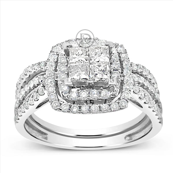 Diamond Halo Engagement Ring 1 CTW Princess Cut w/ Round Cut 14K White Gold