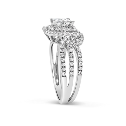Diamond Halo Engagement Ring 1 CTW Princess Cut w/ Round Cut 14K White Gold