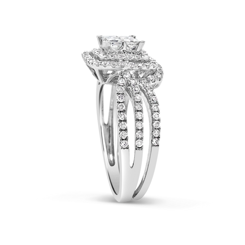 Diamond Halo Engagement Ring 1 CTW Princess Cut w/ Round Cut 14K White Gold