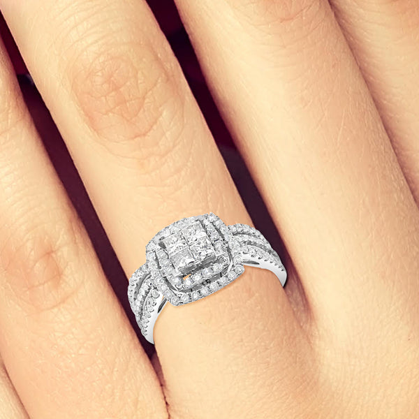 Diamond Halo Engagement Ring 1 CTW Princess Cut w/ Round Cut 14K White Gold