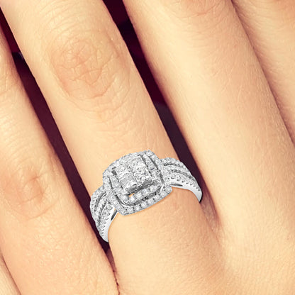 Diamond Halo Engagement Ring 1 CTW Princess Cut w/ Round Cut 14K White Gold