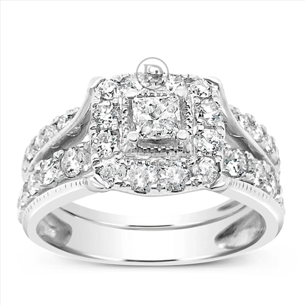 Diamond Halo Engagement Ring 1.75 CTW Princess w/ Round Cut 14K White Gold