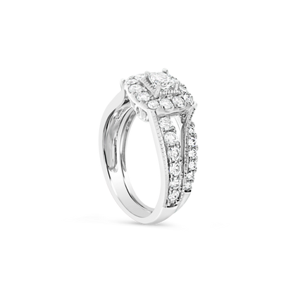 Diamond Halo Engagement Ring 1.75 CTW Princess w/ Round Cut 14K White Gold