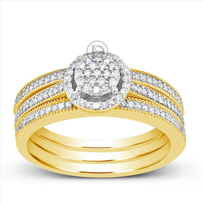 3 band Diamond Halo Engagement Ring .33 CTW Round Cut 10K Yellow Gold