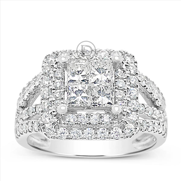 Diamond Halo Engagement Ring 1.74 CTW Princess w/ Round Cut 14K White Gold