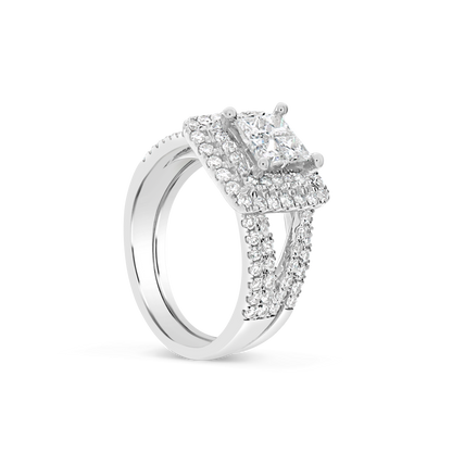Diamond Halo Engagement Ring 1.74 CTW Princess w/ Round Cut 14K White Gold
