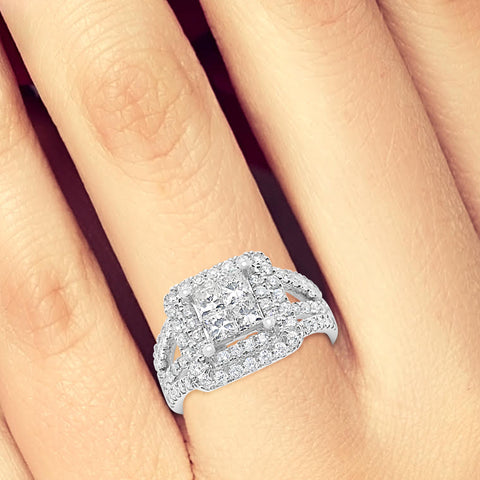 Diamond Halo Engagement Ring 1.74 CTW Princess w/ Round Cut 14K White Gold